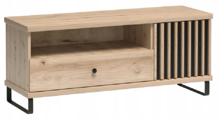 Szafka RTV CAMPA 124 cm dąb czarny stolik pod telewizor lamele szuflada półka metalowe nogi