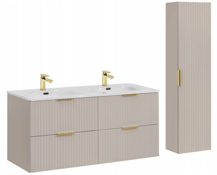 ADEL zestaw mebli łazienkowych kaszmir Szafka z umywalką 120 cm + Słupek 140 cm ryflowane fronty