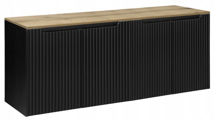 Szafka łazienkowa NOVA czarny 160 cm blat dąb ryflowane fronty 4 drzwi szeroka