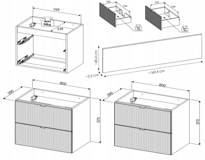 Szafka pod umywalkę LINE GREEN 160 cm zielona blat dąb szuflady ryflowane fronty