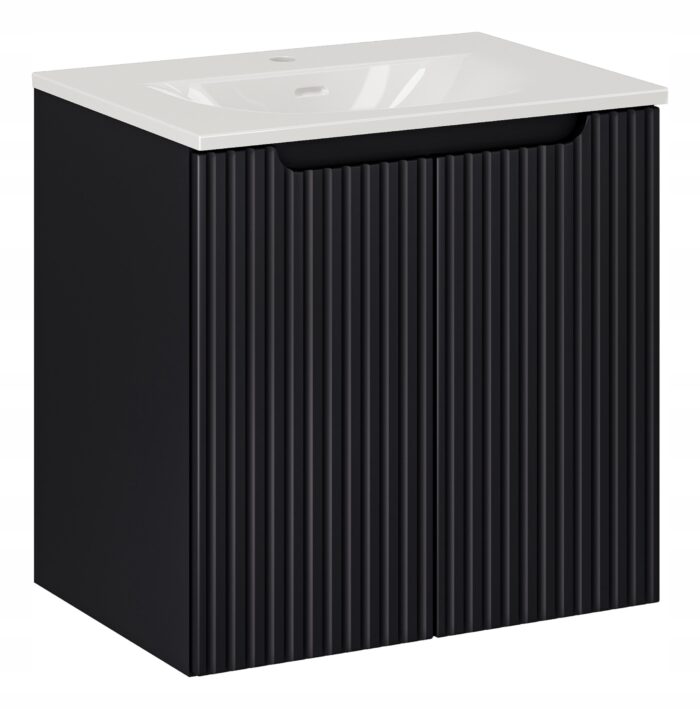 NOVA 60 cm czarna szafka łazienkowa z umywalką wpuszczaną drzwi ryflowane fronty