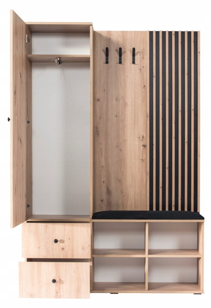 Przedpokój CAMPA 128 cm dąb artisan lustro wieszak szuflady półki lamele garderoba