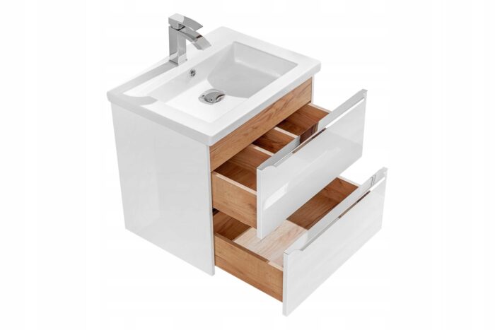 Szafka pod umywalkę CAPRI 60 cm dąb biały połysk wisząca szuflady metalowe uchwyty