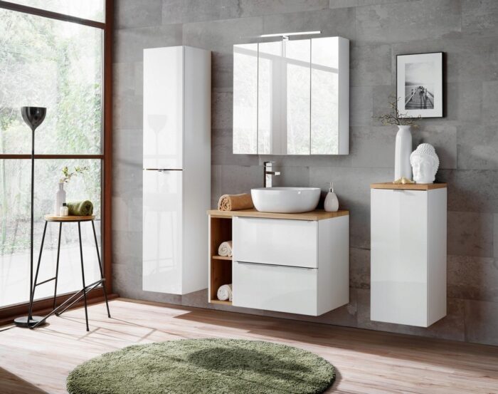 Szafka pod umywalkę CAPRI 60 cm dąb biały połysk wisząca szuflady metalowe uchwyty