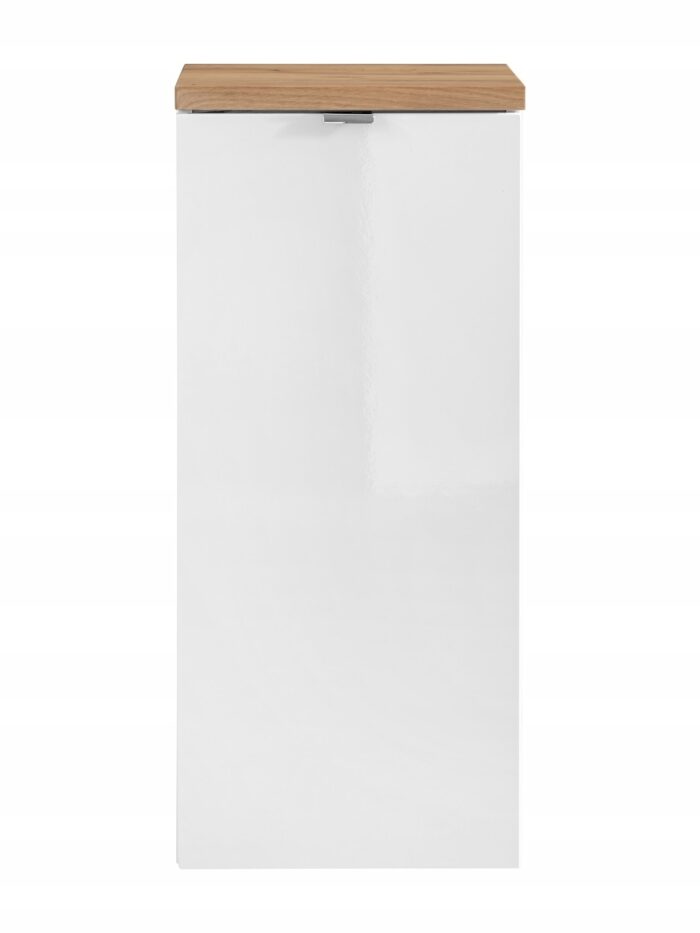 Szafka łazienkowa CAPRI 35 cm cm dąb biały połysk wisząca z koszem na pranie blat