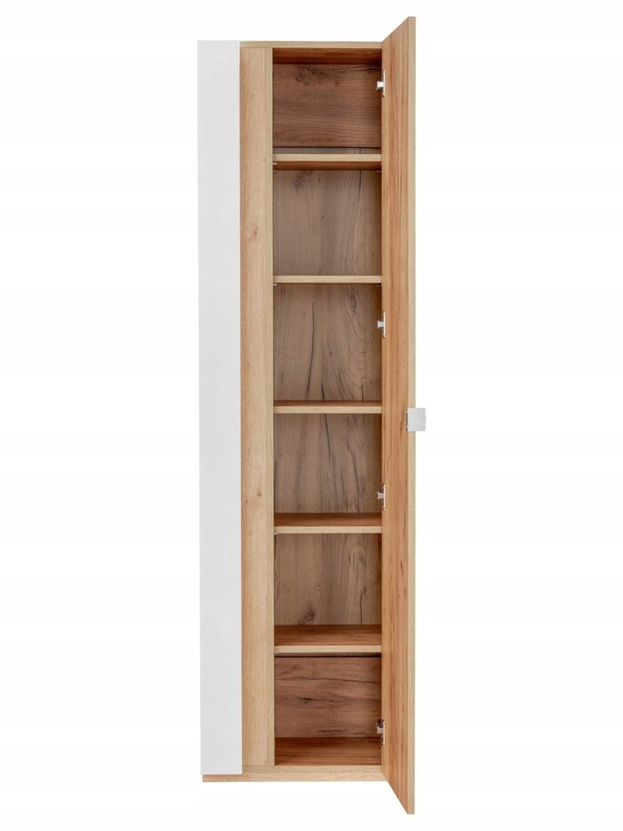 Słupek łazienkowy z lustrem CAPRI 45x170 cm dąb biały połysk wiszący regał szklane półki drzwi