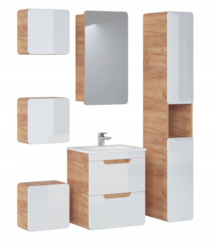 Zestaw mebli łazienkowych ARUBA dąb biały połysk szafka z umywalką słupek lustro regały