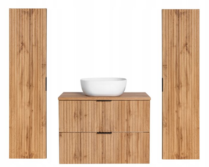 ADEL zestaw mebli łazienkowych dąb wotan Szafka blat umywalka 80 cm + 2 Słupki 140 cm ryflowane fronty