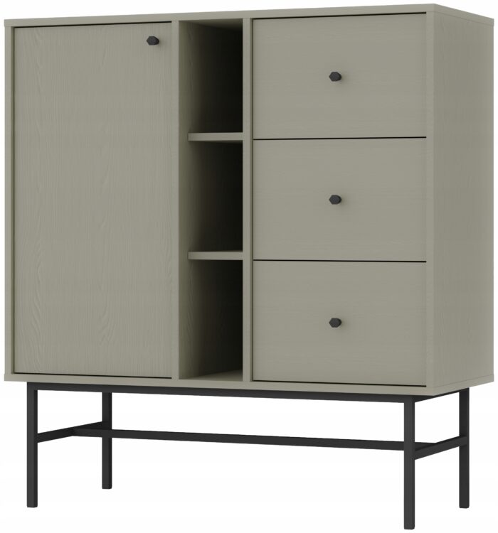 Komoda AVILA 100 cm zielona z drzwiami szufladami i półkami czarne metalowe nogi typ stelaż