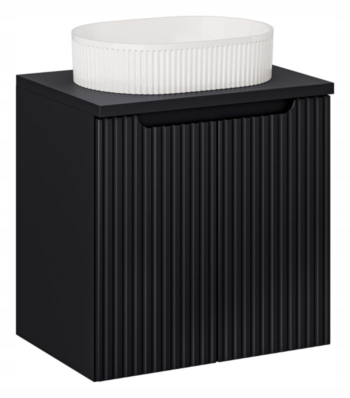 NOVA 60 cm czarna szafka łazienkowa z blatem i umywalką drzwi ryflowane fronty