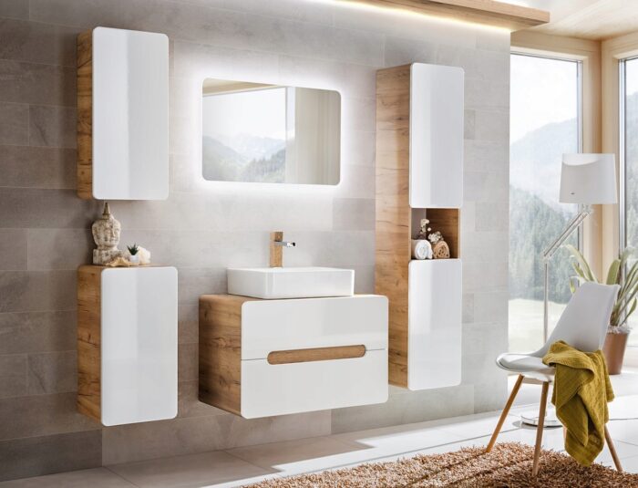 Szafka łazienkowa ARUBA 35x75 cm dąb biały połysk wiszący górny słupek drzwi półki