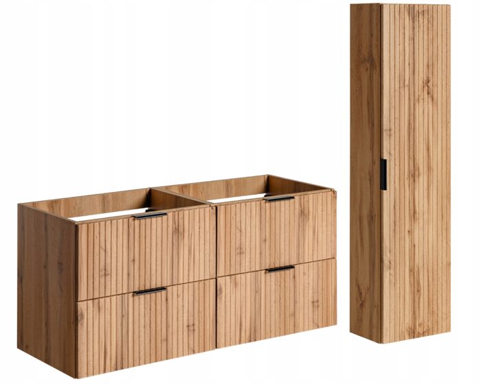 ADEL zestaw mebli łazienkowych dąb wotan Szafka 120 cm + Słupek 140 cm ryflowane fronty