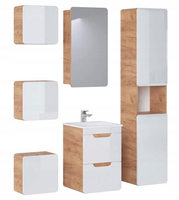 Szafka pod umywalkę ARUBA 50 cm dąb biały połysk wisząca szuflady