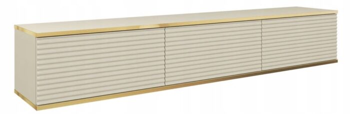 Szafka RTV ORO 175 cm beżowa, ryflowane fronty, złota ozdobna listwa