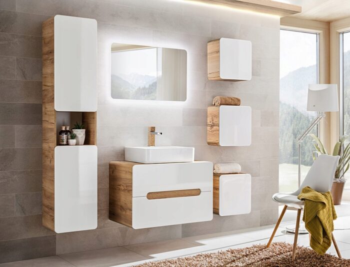 Szafka pod umywalkę ARUBA 80 cm dąb biały połysk wisząca szuflady