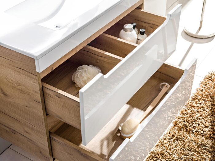 Szafka pod umywalkę ARUBA 80 cm dąb biały połysk wisząca szuflady