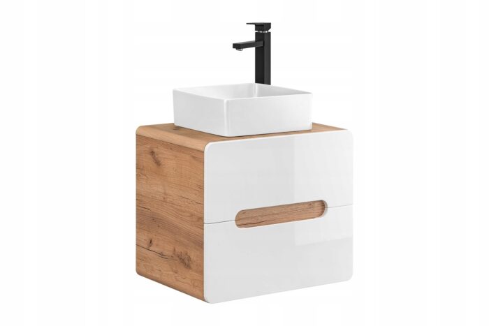 Szafka pod umywalkę ARUBA 60 cm dąb biały połysk wisząca blat szuflady