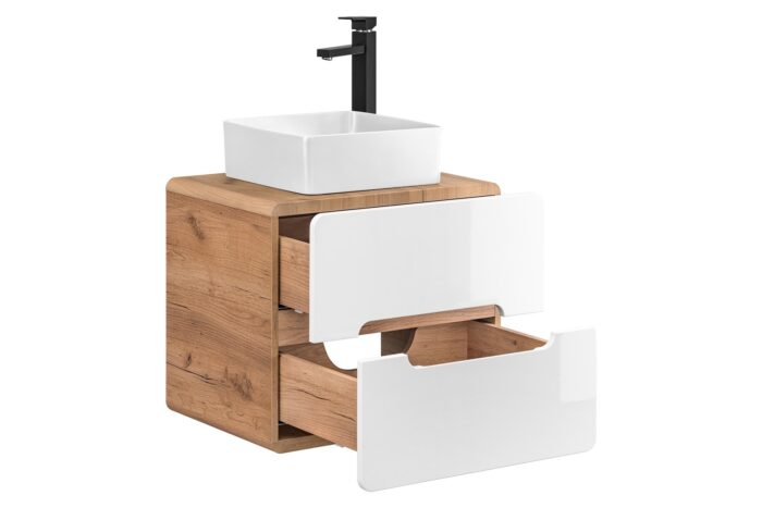 Szafka pod umywalkę ARUBA 60 cm dąb biały połysk wisząca blat szuflady