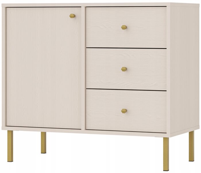 Komoda AVILA 84 cm beż piaskowy z drzwiami i szufladami złote metalowe nogi typ prosty