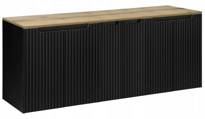 Szafka łazienkowa NOVA czarny 160 cm blat dąb ryflowane fronty 6 drzwi szeroka