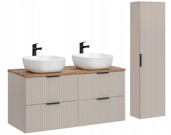 ADEL zestaw mebli łazienkowych kaszmir Szafka blat dąb wotan umywalka 120 cm + Słupek 140 cm ryflowane fronty