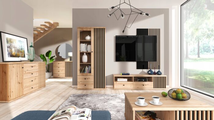 Komoda CAMPA 101 cm dąb czarny lamele szuflady drzwi półki
