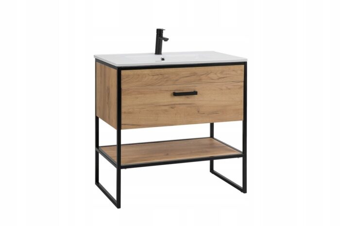 Szafka pod umywalkę BROOKLIN 80 cm dąb czarne metalowe nogi uchwyty szuflada loft