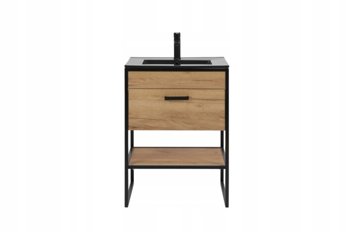 Szafka pod umywalkę BROOKLIN 60 cm dąb czarne metalowe nogi uchwyty szuflada loft