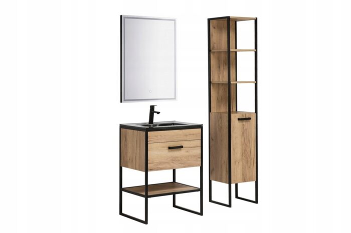 Szafka pod umywalkę BROOKLIN 60 cm dąb czarne metalowe nogi uchwyty szuflada loft