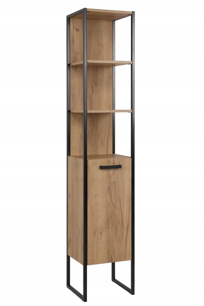 Słupek łazienkowy BROOKLIN 35x185 cm dąb czarne metalowe nogi uchwyty drzwi regał półki loft