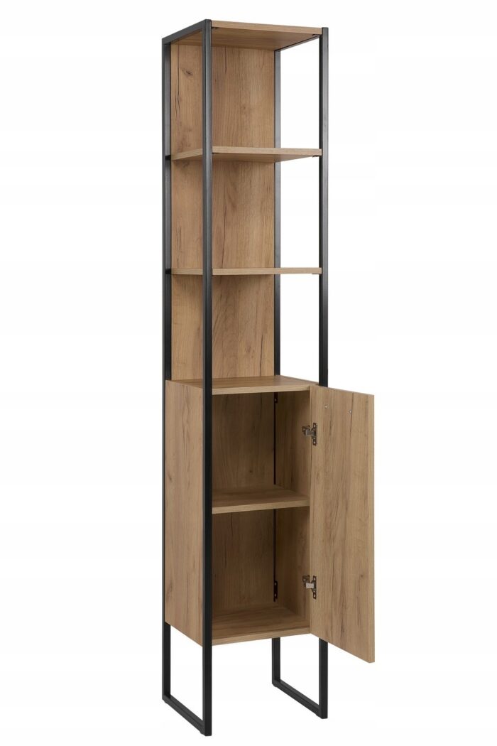 Słupek łazienkowy BROOKLIN 35x185 cm dąb czarne metalowe nogi uchwyty drzwi regał półki loft