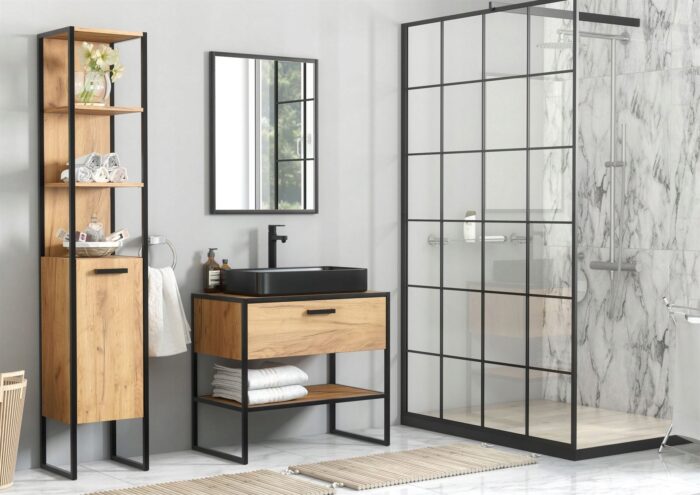 Słupek łazienkowy BROOKLIN 35x185 cm dąb czarne metalowe nogi uchwyty drzwi regał półki loft