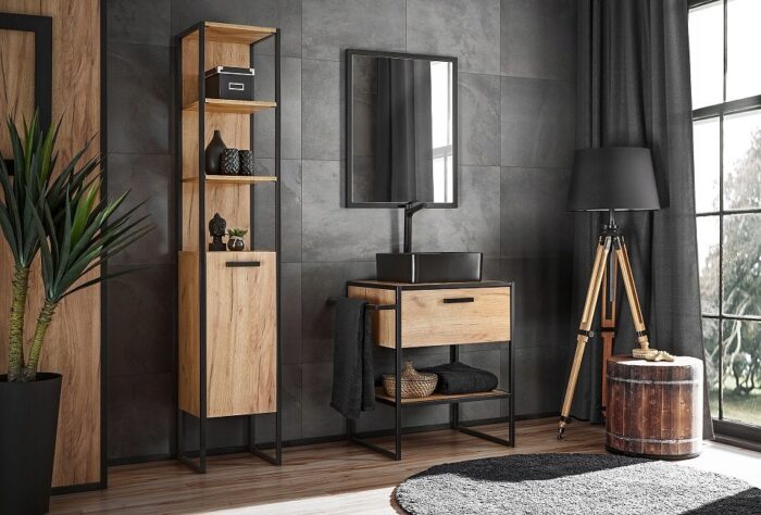 Szafka pod umywalkę BROOKLIN 70 cm dąb czarne metalowe nogi uchwyty blat szuflada loft