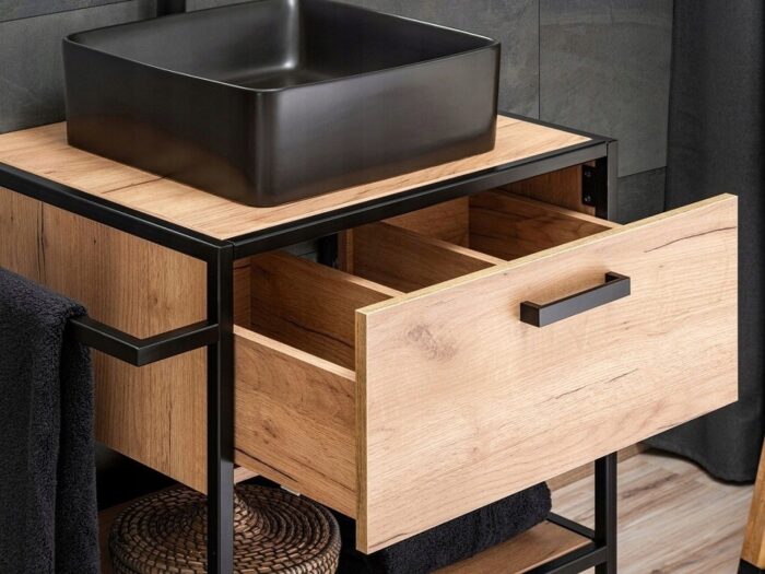 Szafka pod umywalkę BROOKLIN 70 cm dąb czarne metalowe nogi uchwyty blat szuflada loft