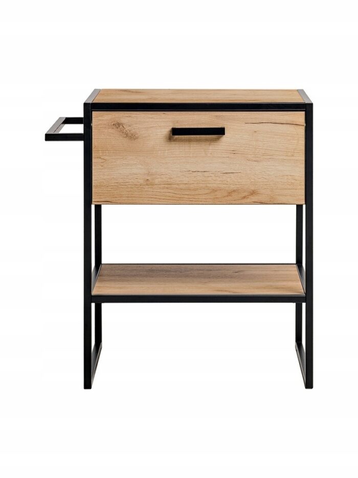 Szafka pod umywalkę BROOKLIN 70 cm dąb czarne metalowe nogi uchwyty blat szuflada loft