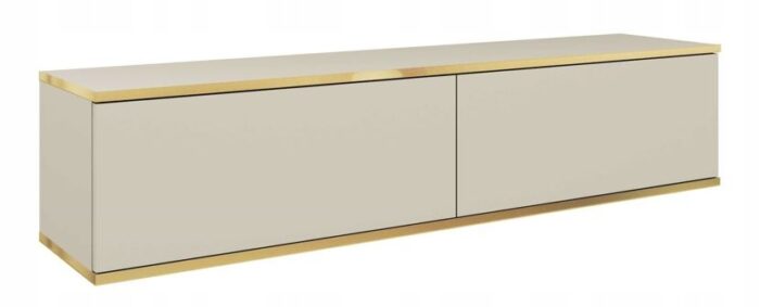 Szafka RTV ORO 135 cm beżowa, gładkie fronty, złota ozdobna listwa