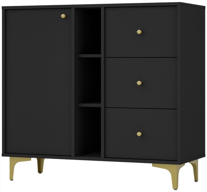 Komoda AVILA 100 cm czarna z drzwiami szufladami i półkami złote metalowe nogi typ rozgwiazda