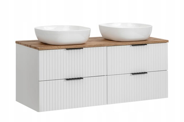 ADEL 160 cm biała szafka łazienkowa 2 umywalki blat dąb wotan ryflowane fronty 4 szuflady