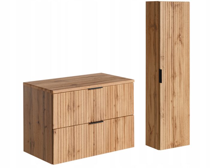ADEL zestaw mebli łazienkowych dąb wotan Szafka blat 80 cm + Słupek 140 cm ryflowane fronty
