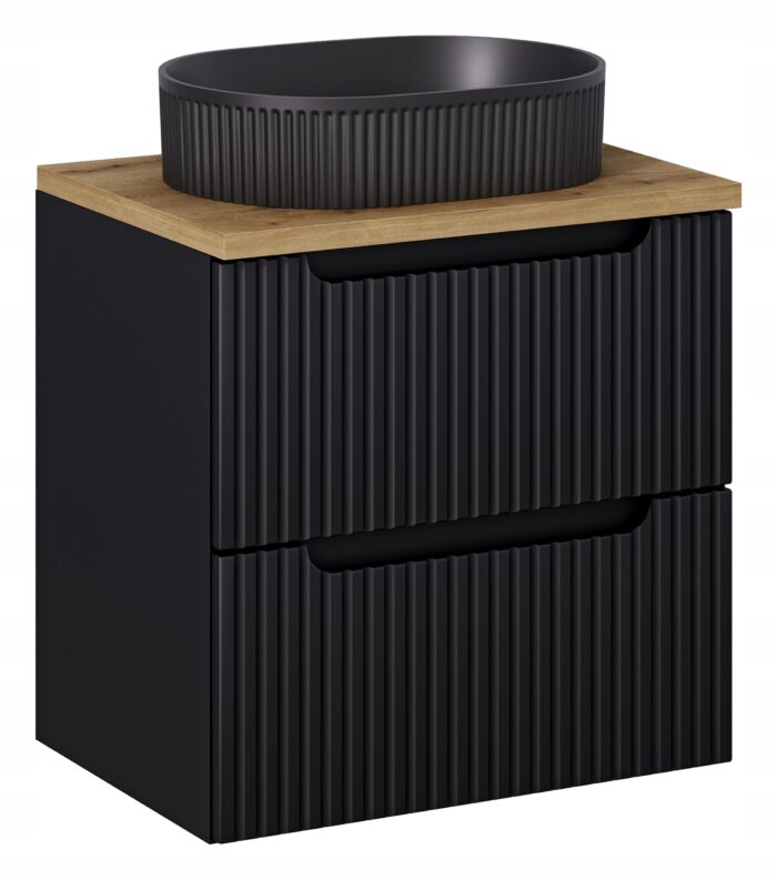 NOVA 60 cm czarna szafka łazienkowa z umywalką blat dąb szuflady ryflowane fronty