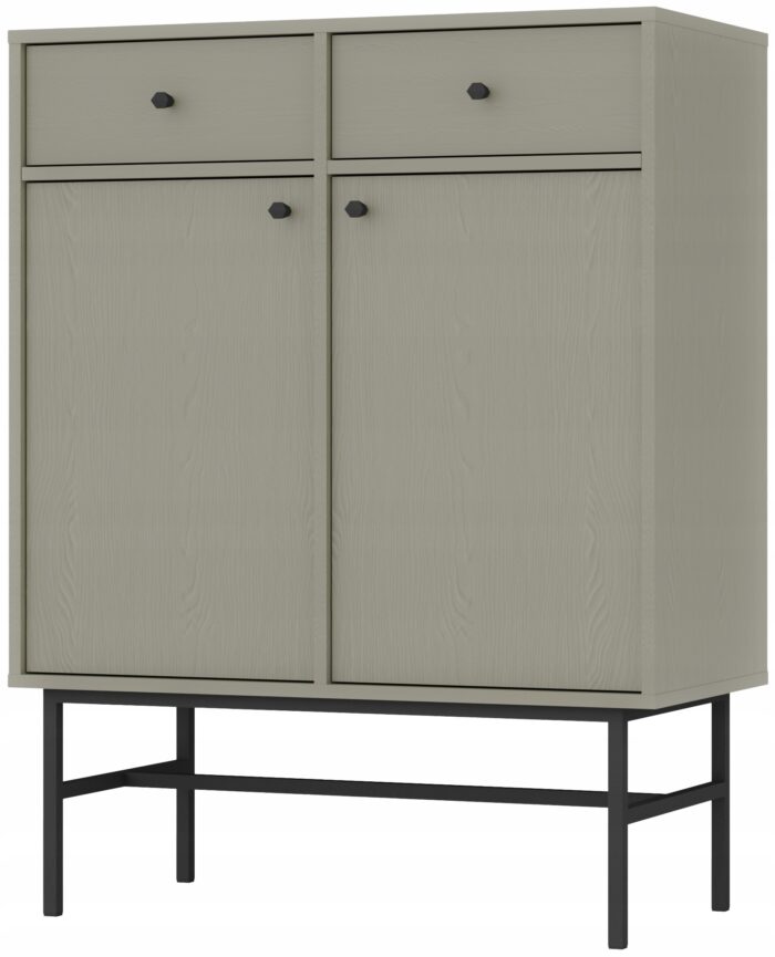 Komoda AVILA 84 cm zielona z drzwiami i szufladami czarne metalowe nogi typ stelaż