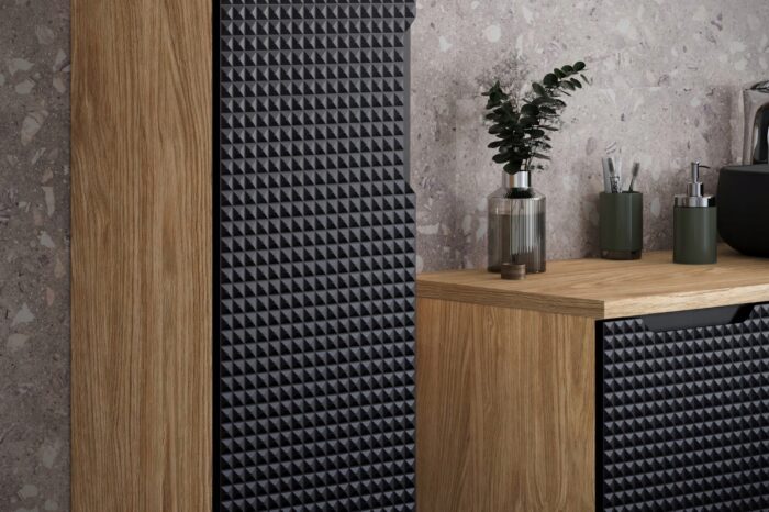 Szafka pod umywalkę LUXOR 90 cm dąb czarny front 3 D wisząca pojemna szuflady