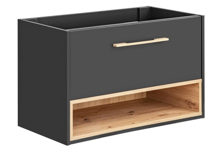 Szafka pod umywalkę BORNEO 80 cm szara dąb wisząca szuflady otwarta półka