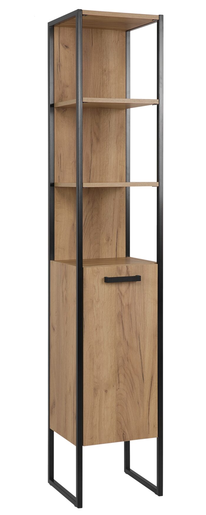 Słupek łazienkowy BROOKLIN 35x185 cm dąb czarne metalowe nogi uchwyty drzwi regał półki loft