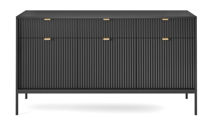 Komoda BELLAZA 154 cm czarna, frezowane fronty, metalowe czarne nogi