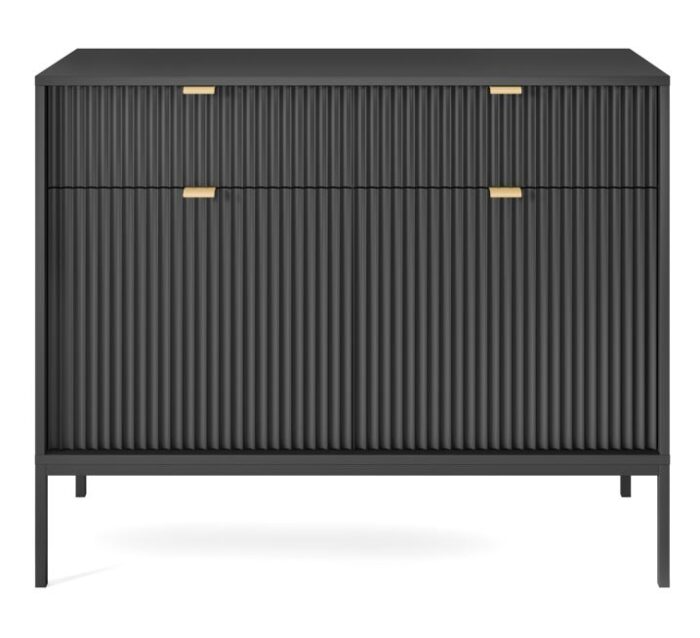 Komoda BELLAZA 104 cm czarna z drzwiczkami, złote uchwyty i czarne metalowe nogi