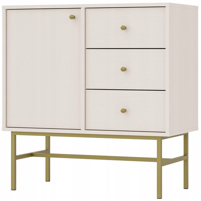 Komoda AVILA 84 cm beż piaskowy z drzwiami i szufladami złote metalowe nogi typ stelaż