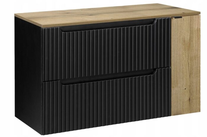 Szafka łazienkowa NOVA czarny 100 cm blat dąb ryflowane fronty wstawka dąb 1 drzwi 2 szuflady