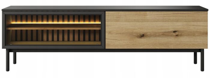 Szafka RTV ARIA 180 cm czarny / dąb evoke z oświetleniem LED z klapami i szkłem