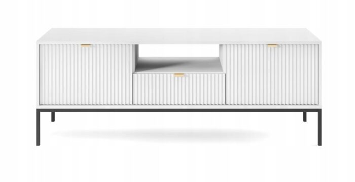 Szafka RTV BELLAZA 154 cm biała z szufladą, drzwiami i metalowymi czarnymi nogami